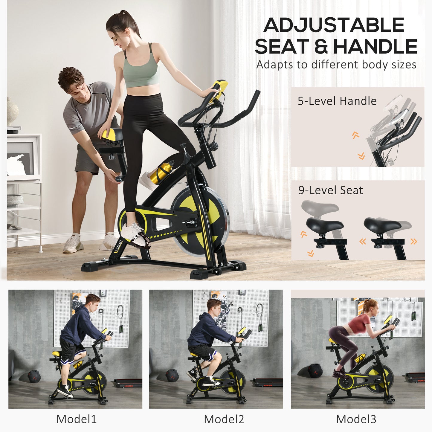 Indoor Exercise Bike, Stationary Bike, Cycling Machine with Adjustable Seat and Resistance for Home Gym Workout in Yellow by SPORTNOW-4