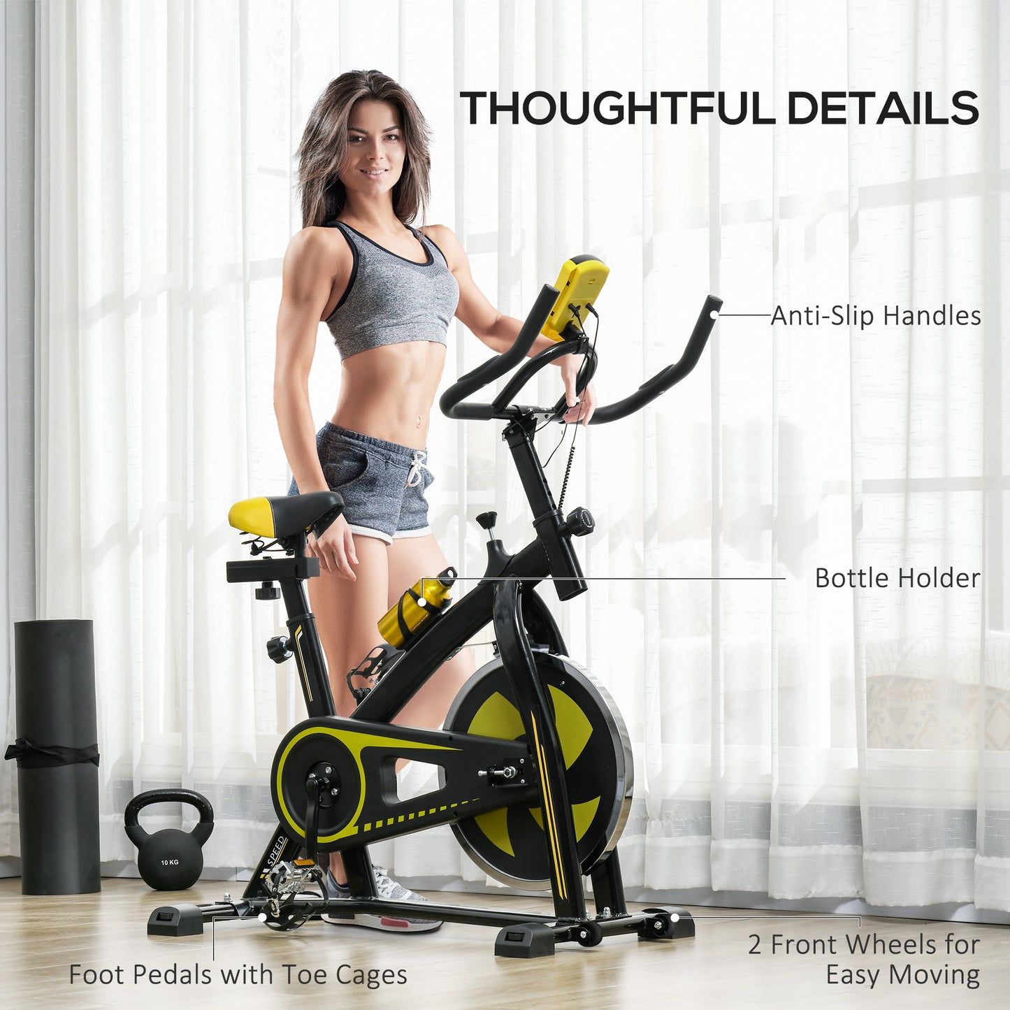 Indoor Exercise Bike, Stationary Bike, Cycling Machine with Adjustable Seat and Resistance for Home Gym Workout in Yellow by SPORTNOW-5